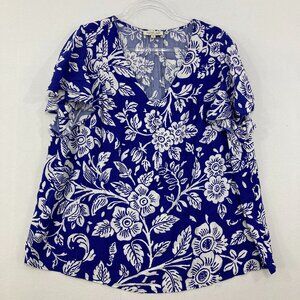 Rachel Zoe size 1X Blue White Floral V neck Soft Rayon Feminine Blouse